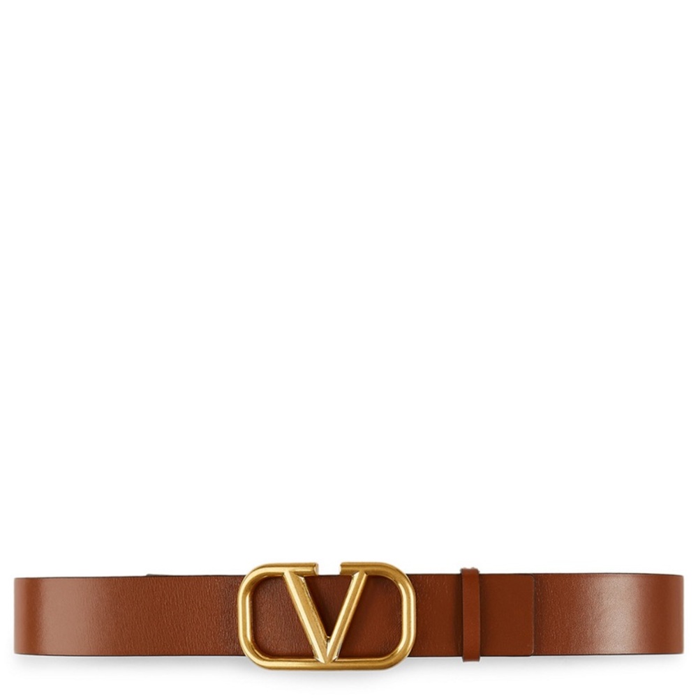 Valentino Tan Leather Belt with Gold V Buckle